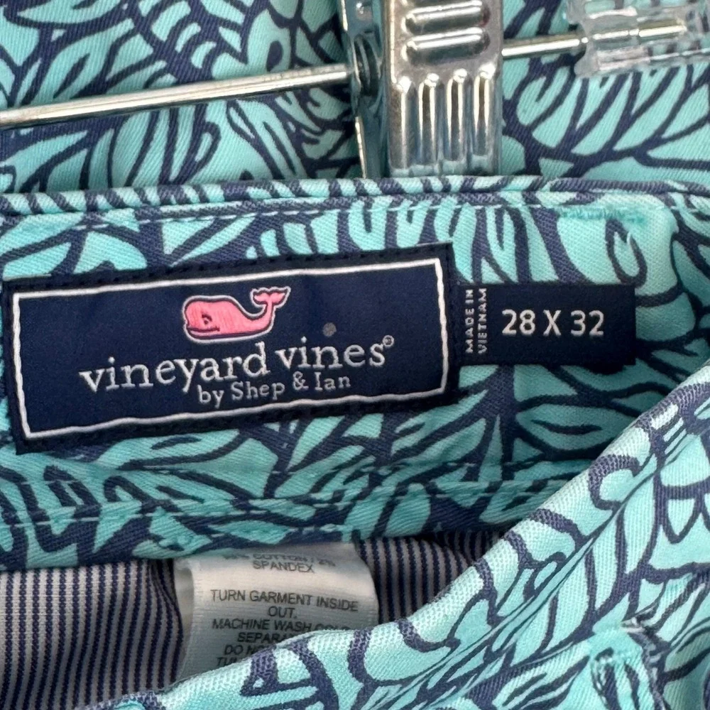 Vineyard Vines Mens Breaker Pant 28x32 Turquoise Navy Tropical Leaf Print Chino